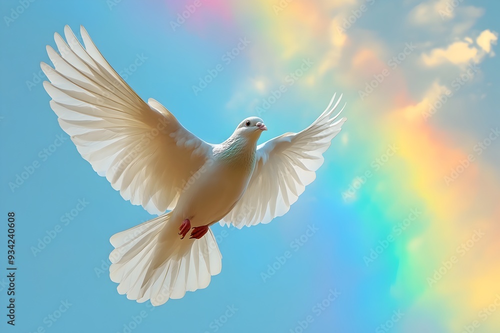 Majestic dove gracefully soaring through vibrant rainbow hued skies leaving a trail of ethereal color in its wake symbolizing peace freedom and transcendence Majestic dove gracefully soaring through vibrant rainbow hued skies leaving a trail of ethereal color in its wake symbolizing peace freedom and transcendence
