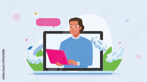 Illustration of a man working on a laptop with gears and leaves in the background, symbolizing online work, productivity, and digital operations.