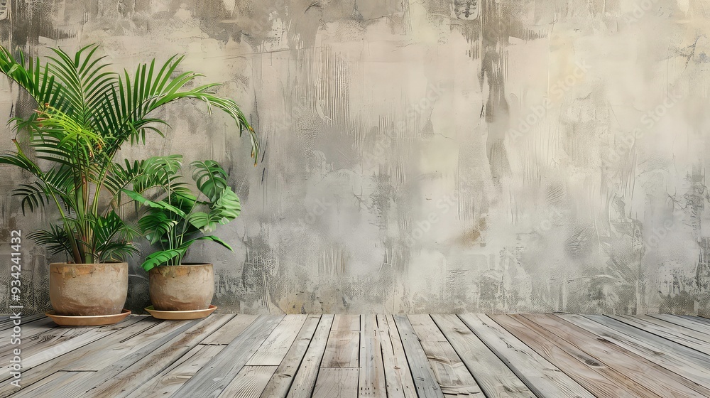 Two potted plants on a wooden floor with a textured concrete wall in the background. Two potted plants on a wooden floor with a textured concrete wall in the background.
