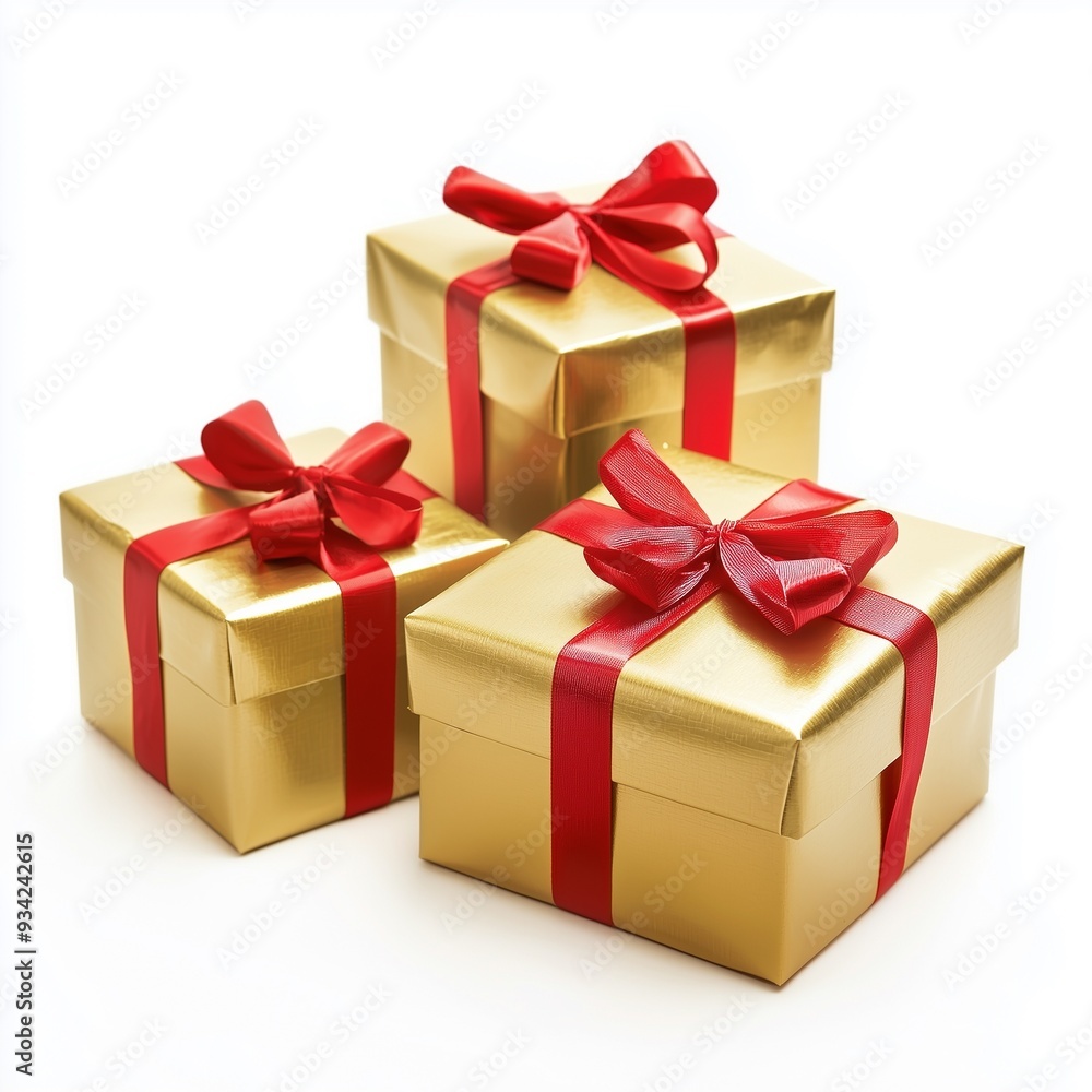 Fototapeta premium Three golden gift boxes with red ribbons isolated on a white background front view