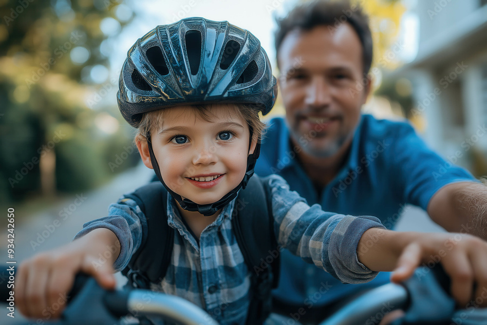 Child In Safety Helmet With Father Riding Bike In Summer Day. Father Teaching Son Riding Bike Child In Safety Helmet With Father Riding Bike In Summer Day. Father Teaching Son Riding Bike