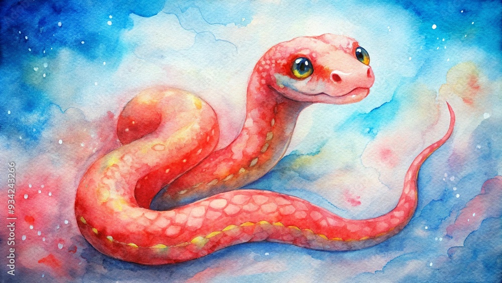 Obraz premium A charming watercolor illustration of a red snake with big, curious eyes against a soft blue and pink cloud background. Perfect for holiday-themed children’s books, greeting cards, or whimsical holida