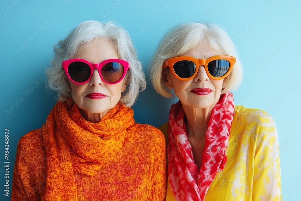 Mature retired women wearing modern colorful clothes and cool sunglasses. Generative AI Mature retired women wearing modern colorful clothes and cool sunglasses. Generative AI