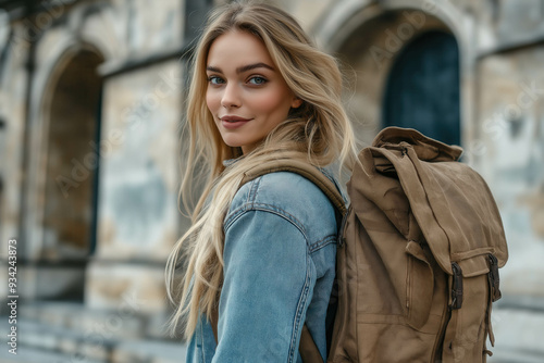 Pretty Model Travels With Backpack In Euripean City photo