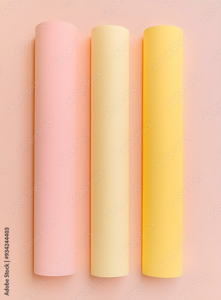 Three Rolls of Pastel Colored Paper on Pink Background Three Rolls of Pastel Colored Paper on Pink Background