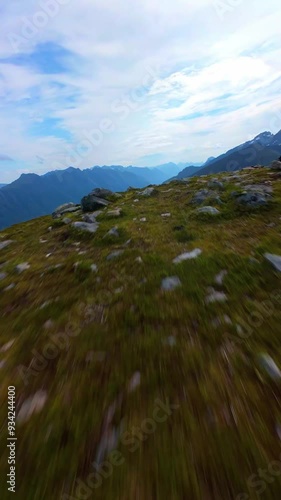 Drone flying like a bird in the Norwegian mountains in summer.