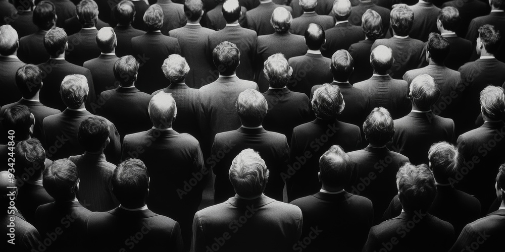 Obraz premium A black and white photo of a large group of people, all wearing suits, from the back, Generative AI