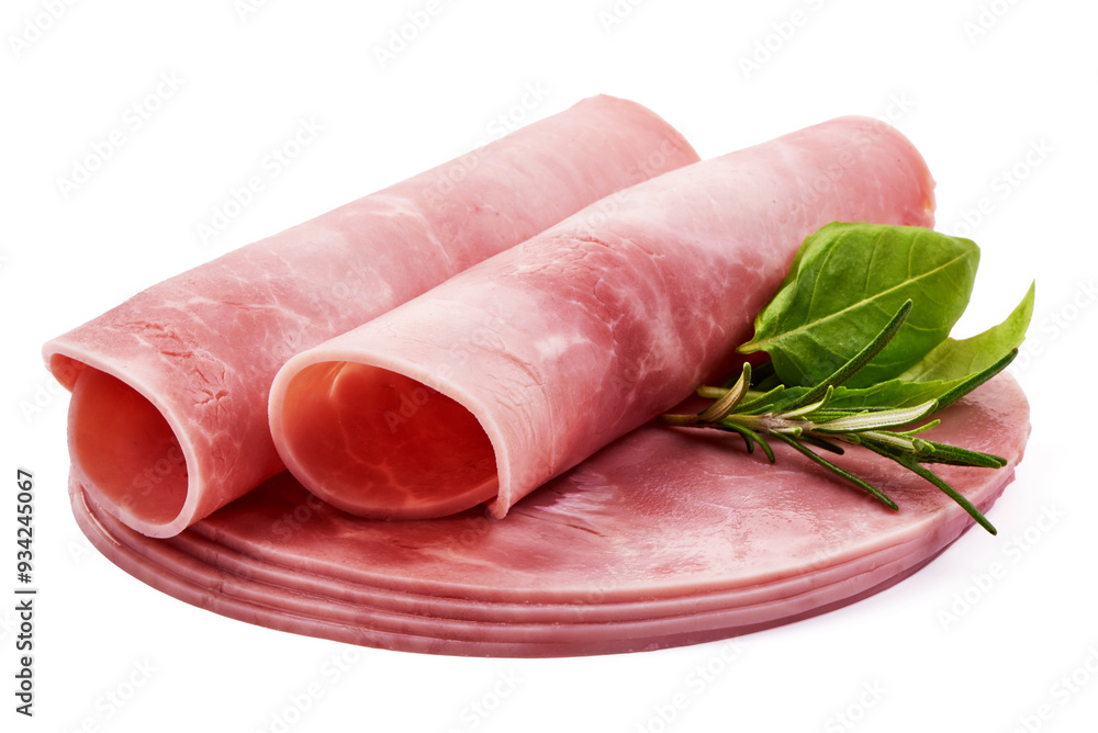Sliced boiled ham sausage, isolated on white background. Sliced boiled ham sausage, isolated on white background.
