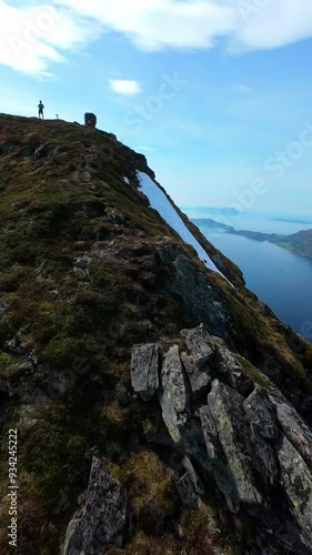 Drone flying like a bird in the Norwegian mountains in summer.