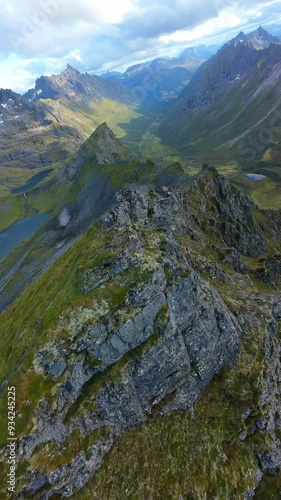 Drone flying like a bird in the Norwegian mountains in summer.