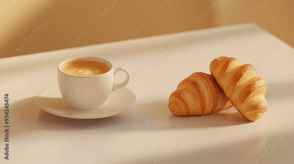 A serene morning scene with a cup of coffee and two croissants on a table, symbolizing a peaceful breakfast, simplicity, comfort, and the joy of morning rituals.