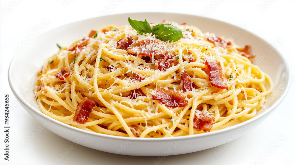 A delicious plate of spaghetti carbonara, featuring creamy sauce, crispy bacon, and grated Parmesan, symbolizing classic Italian cuisine, comfort food, and a satisfying homemade meal.