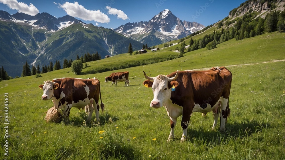 Funny cows on alpine meadows. Fresh milk, well-groomed farm cows Funny cows on alpine meadows. Fresh milk, well-groomed farm cows