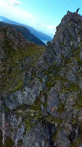 Drone flying like a bird in the Norwegian mountains in summer.