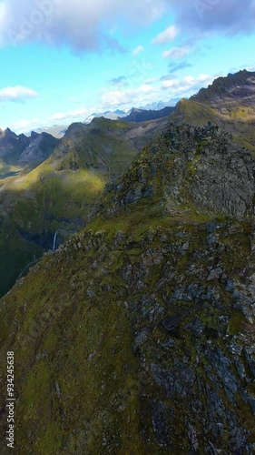 Drone flying like a bird in the Norwegian mountains in summer.