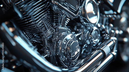 Shiny motorbike engine close-up, showcasing intricate details and chrome finish in high contrast lighting