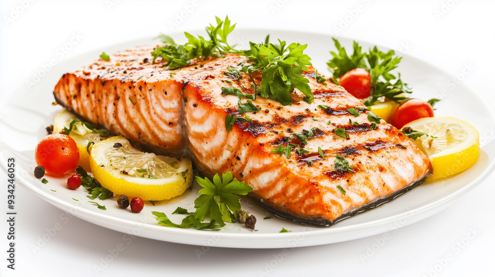 Grilled salmon fillets garnished with fresh parsley and lemon slices on a white plate, symbolizing healthy eating, gourmet cuisine, and a delicious, nutritious meal. Grilled salmon fillets garnished with fresh parsley and lemon slices on a white plate, symbolizing healthy eating, gourmet cuisine, and a delicious, nutritious meal.