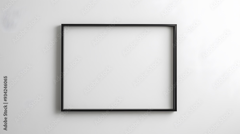 Minimalistic black metal frame on a clean white wall with a subtle shadow Minimalistic black metal frame on a clean white wall with a subtle shadow