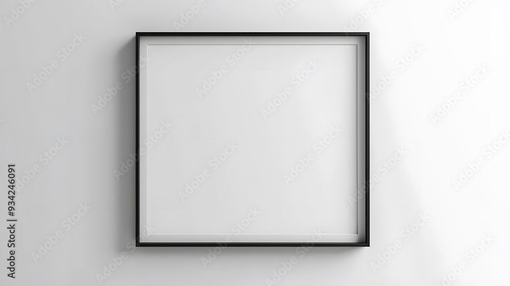 Minimalistic black metal frame on a clean white wall with a subtle shadow Minimalistic black metal frame on a clean white wall with a subtle shadow