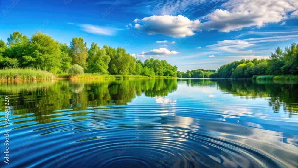 Serene close-up of gentle water ripples on a calm lake surface, reflecting soft blue sky and surrounding lush greenery, evoking peacefulness and tranquility. Serene close-up of gentle water ripples on a calm lake surface, reflecting soft blue sky and surrounding lush greenery, evoking peacefulness and tranquility.