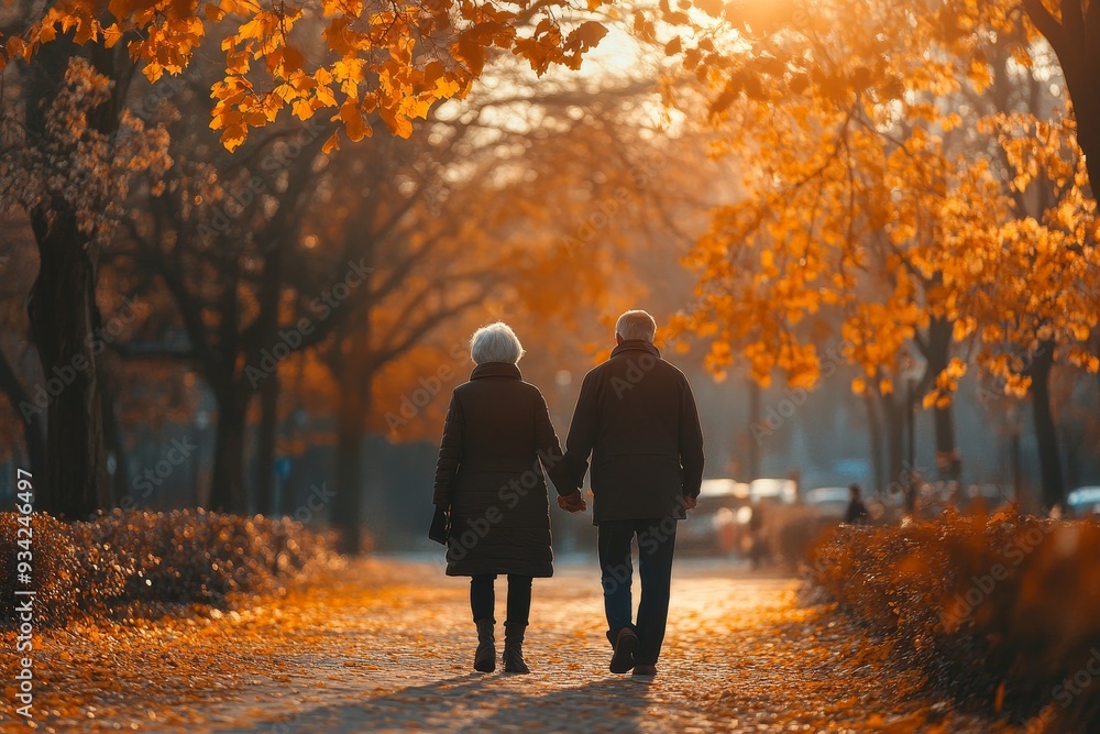 Senior citizen couple taking a walk in a park during autumn morning, Generative AI Senior citizen couple taking a walk in a park during autumn morning, Generative AI