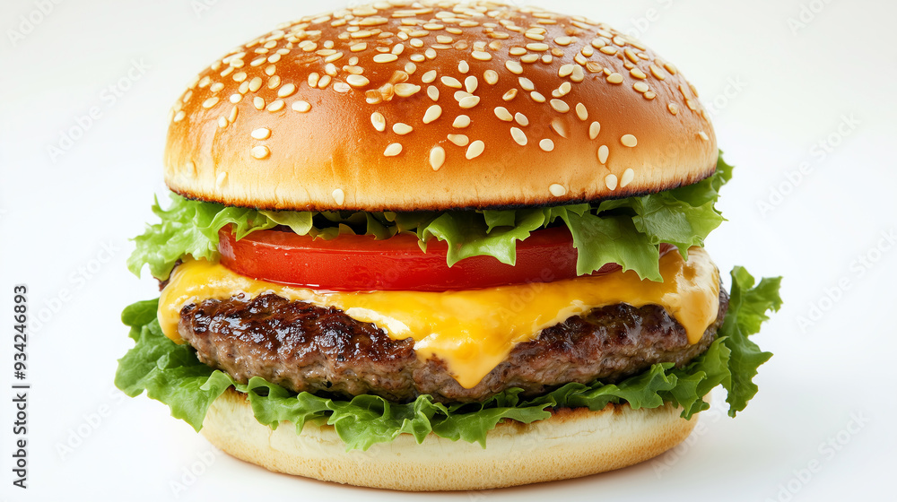 A close-up of a classic cheeseburger with a sesame seed bun, juicy beef patty, melted cheese, fresh lettuce, and tomato, against a white background. A close-up of a classic cheeseburger with a sesame seed bun, juicy beef patty, melted cheese, fresh lettuce, and tomato, against a white background.
