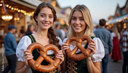 Female friends in traditional drindl holding german soft pretzels oktoberfest