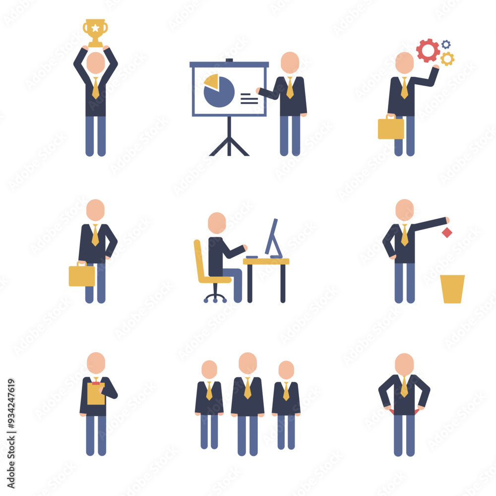Business people icon pictograms. Leadership training, meeting and corporate career. Modern simple style pictogram concept. Blue color characters set. Simple material design for web and website. Business people icon pictograms. Leadership training, meeting and corporate career. Modern simple style pictogram concept. Blue color characters set. Simple material design for web and website.