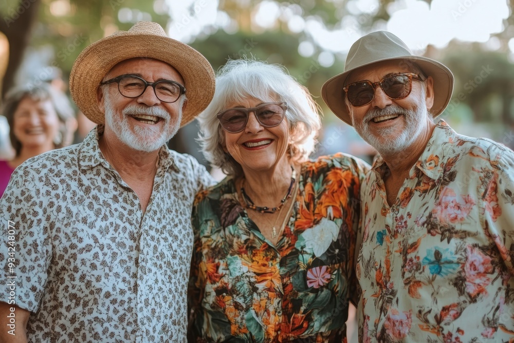 Carefree senior citizens having fun while standing together in a park. Group of cheerful friends wearing colourful casual clothing. Happy elderly people enjoying life after retirement. Generative AI Carefree senior citizens having fun while standing together in a park. Group of cheerful friends wearing colourful casual clothing. Happy elderly people enjoying life after retirement. Generative AI