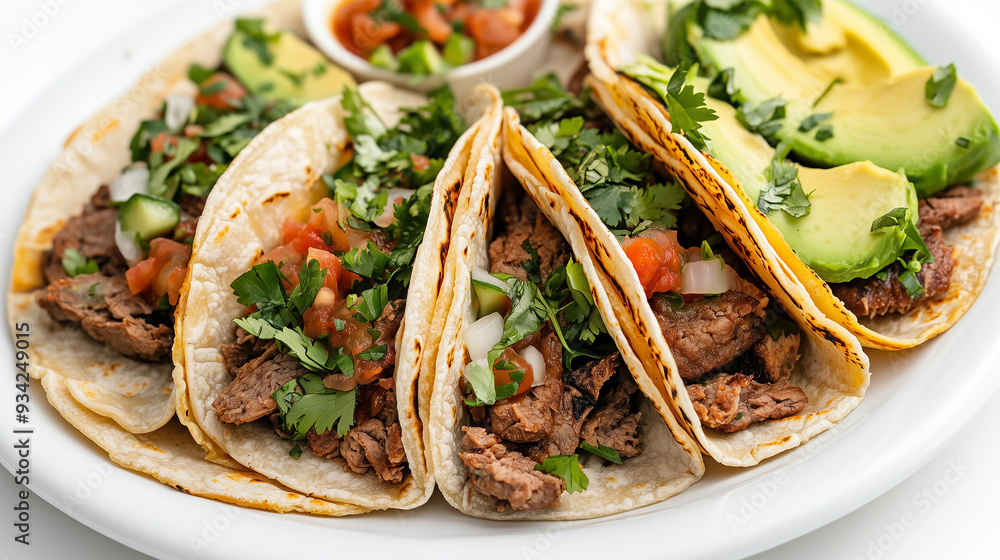 Three soft tacos filled with seasoned beef, chopped tomatoes, avocado slices, and fresh cilantro, served on a white plate with a garnish of avocado. Three soft tacos filled with seasoned beef, chopped tomatoes, avocado slices, and fresh cilantro, served on a white plate with a garnish of avocado.