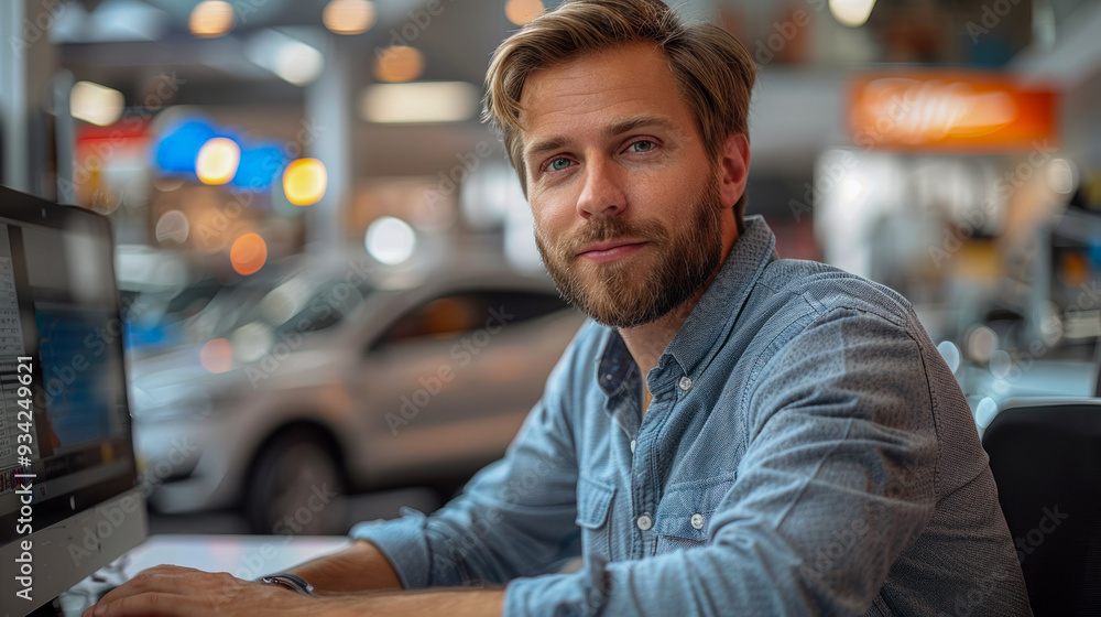 Obraz premium Man working at the reception of a car service