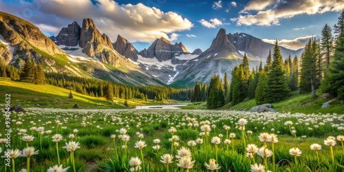 Serene landscape featuring Owl's Claw flowers blooming in a lush valley, with majestic Squaretop Mountain towering in the background, Wind River Range, Wyoming. photo