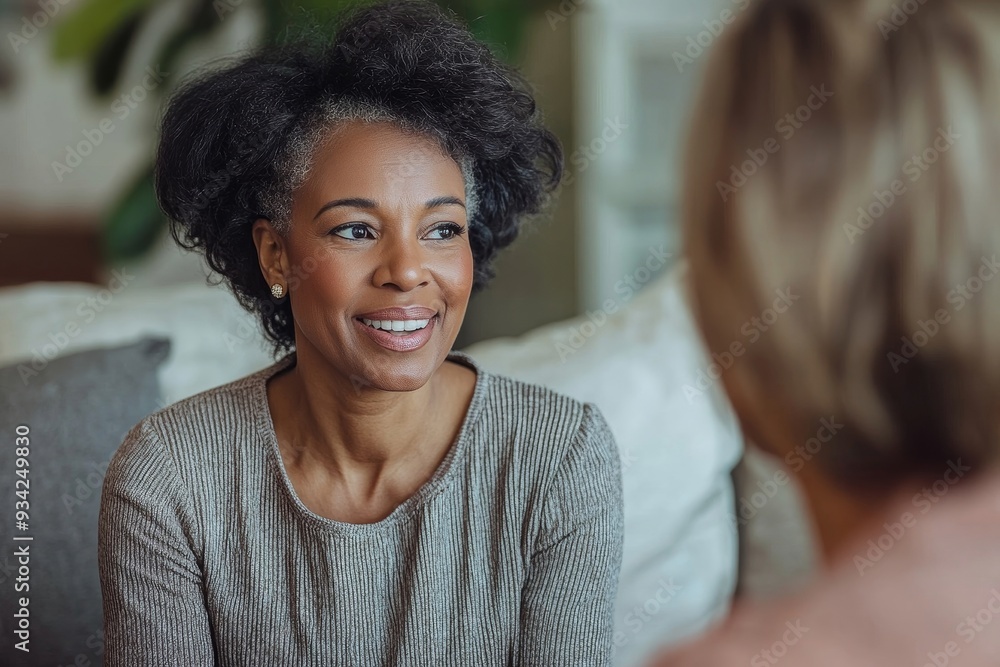 Obraz premium Health visitor talking to a senior woman during home visit, Generative AI