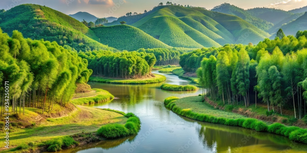 Serene landscape of bamboo trees thriving around a meandering river basin, stabilizing the soil and preventing erosion, with lush green hills in the background. Serene landscape of bamboo trees thriving around a meandering river basin, stabilizing the soil and preventing erosion, with lush green hills in the background.