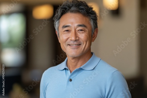 A candid portrait of a smiling middle-aged Japanese man in a light blue long-sleeved polo. He has short hair and looks very happy, Generative AI