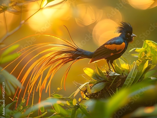 Magnificent Male Widowbird s Vibrant Feather Display in Lush Tropical Setting photo