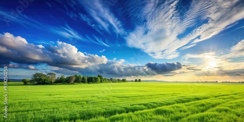 Serene landscape of lush green open field stretching towards horizon, contrasted with a brilliant blue sky, perfect as a background or copy space for designs. photo