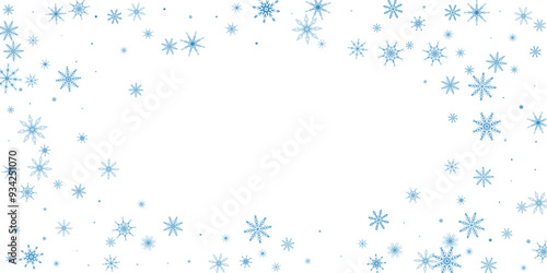 Snowflakes. Snow, snowfall. Falling scattered blue snowflakes on a white background.