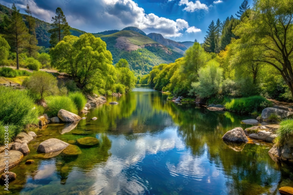 Serenely flowing Gresso river in Sever do Vouga, Portugal, showcasing a breathtaking scenic landscape with silky smooth water, surrounded by lush foliage and majestic mountains. Serenely flowing Gresso river in Sever do Vouga, Portugal, showcasing a breathtaking scenic landscape with silky smooth water, surrounded by lush foliage and majestic mountains.