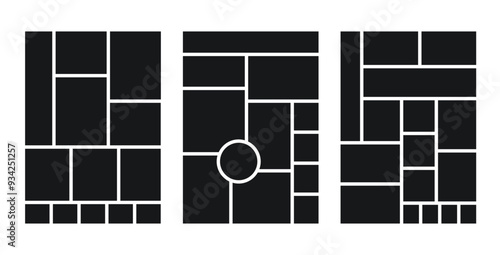 Collage template grid. Moodboard layout. Mood board backgrounds. Scrapbook images. Mosaic album pictures. Photo frames. Vertical poster with circle. Photography montage design. Vector illustration