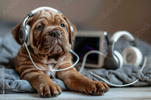 Cute puppy listening to music on headphones