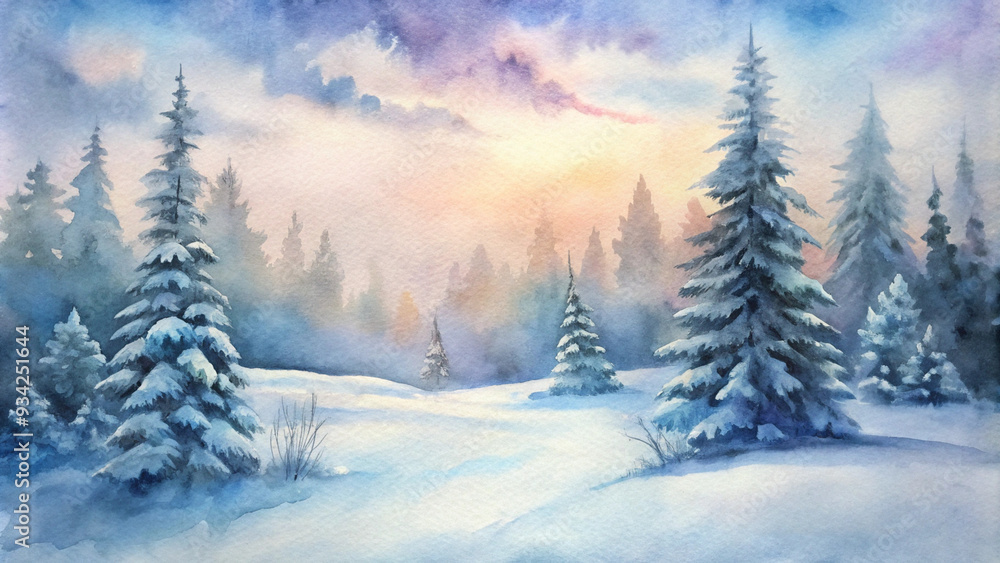 Watercolor Winter Landscape Background with Soft Pastel Hues Watercolor Winter Landscape Background with Soft Pastel Hues