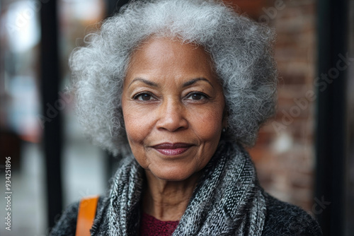 Portrait of Black senior citizen woman with grey hair, Generative AI