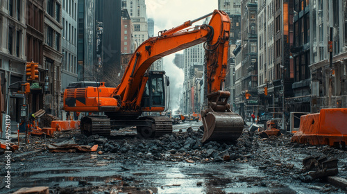 An orange excavator digs diligently through debris on an urban street, surrounded by towering buildings under an overcast sky photo