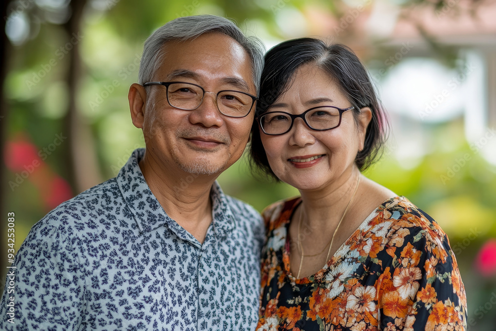 Happy smile senior Asian couple enjoying quality time at the park. A man embracing woman closely. success marriage life, Generative AI Happy smile senior Asian couple enjoying quality time at the park. A man embracing woman closely. success marriage life, Generative AI
