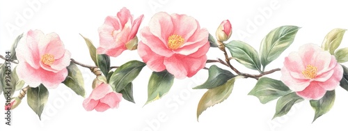 Pink camellia botanical flowers Isolated wild spring leaves and wildflowers Watercolor illustration collection Aquarelle drawing in a square frame border ornament