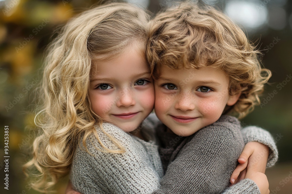 Portrait of young siblings hugging each other, Generative AI Portrait of young siblings hugging each other, Generative AI