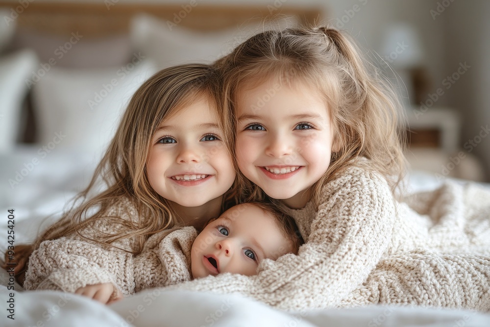 Smiling loving siblings hugging in bedroom happy little girls playing on bed smiling happily having fun in the morning looking at camera positive, Generative AI Smiling loving siblings hugging in bedroom happy little girls playing on bed smiling happily having fun in the morning looking at camera positive, Generative AI