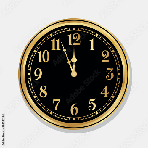 Luxurious analog clock vector with classic arabic numerals, showing five minutes to midnight on a sleek black dial, shiny gold vintage wall clock