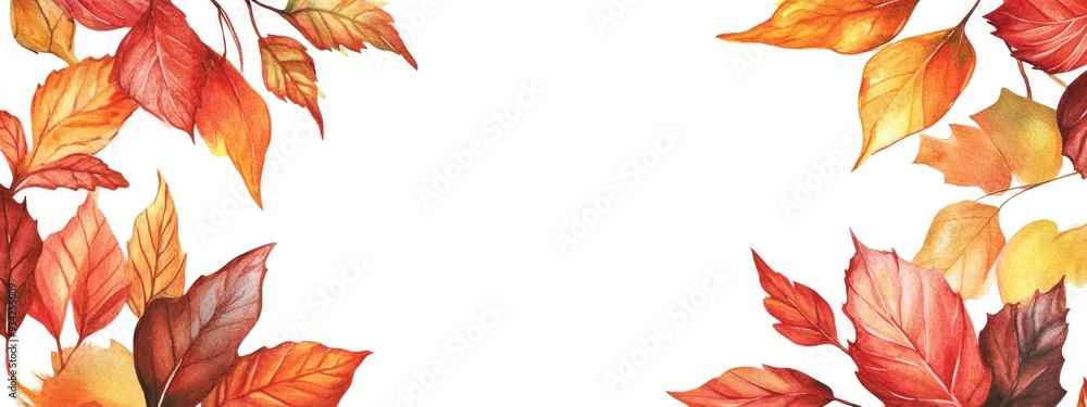 Fototapeta premium Vibrant autumn leaves watercolor frame on a white background